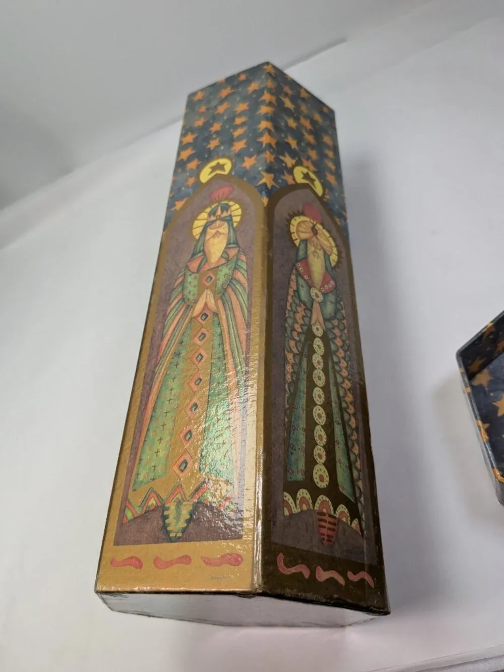 Vintage Three Kings Wise Men Saints Christmas Wine Gift Box Tall Hexagon 13